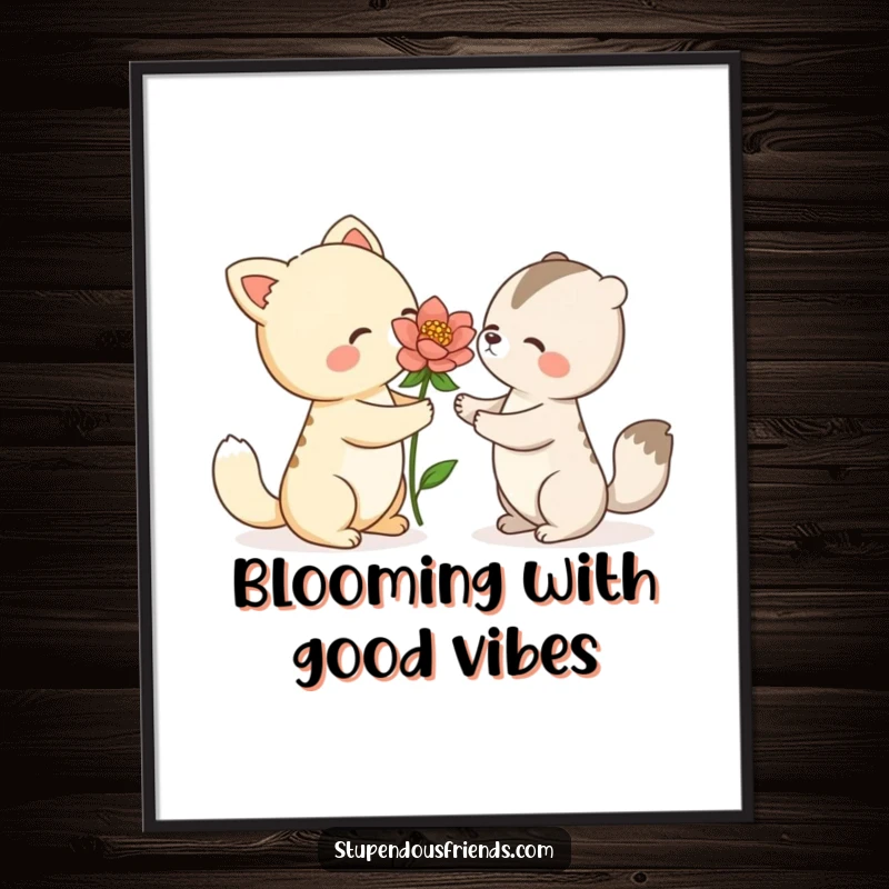 Free Printable Wall Art: An animal character gracefully offers a vibrant blooming flower to another, embodying kindness and beauty.