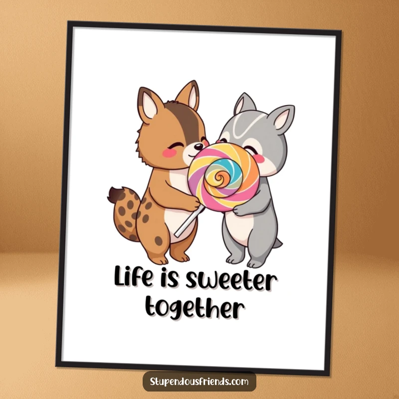 Free Printable Wall Art: Two cute animal characters sharing a giant lollipop, radiating friendship and sweet joy.