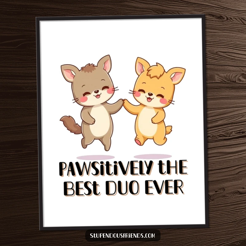 Funny Free Printable Wall Art showcasing two adorable animals holding paws and skipping energetically, radiating pure joy and friendship.