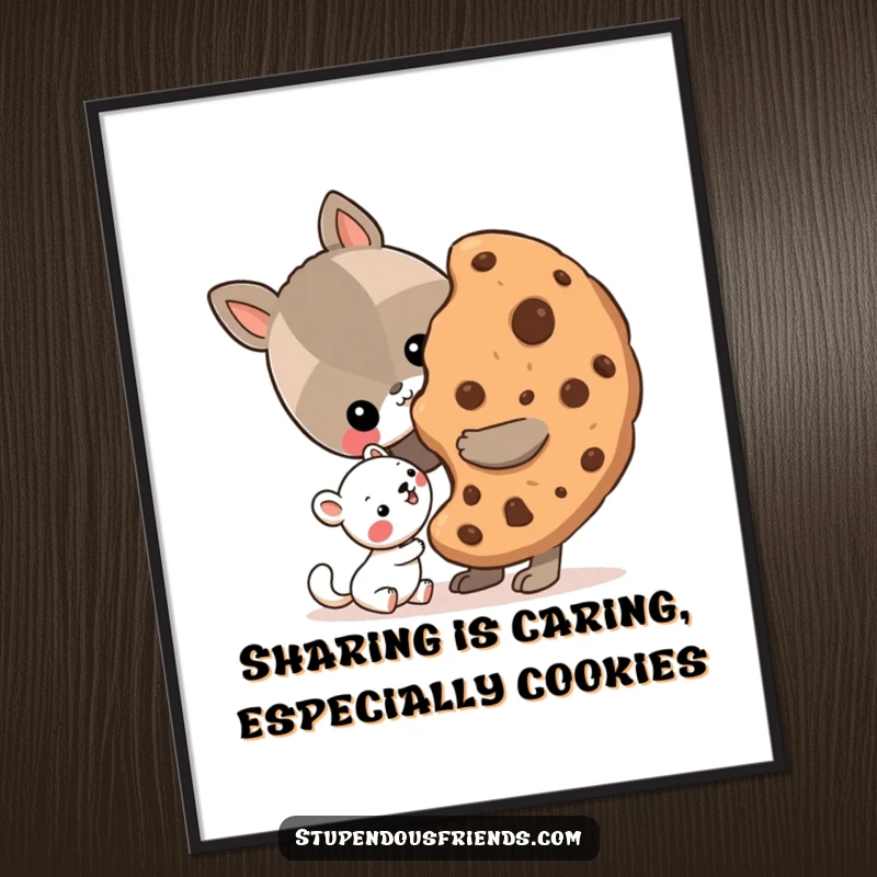 Funny Free Printable Wall Art of an animal character happily sharing a massive cookie with a smaller, delighted animal friend.