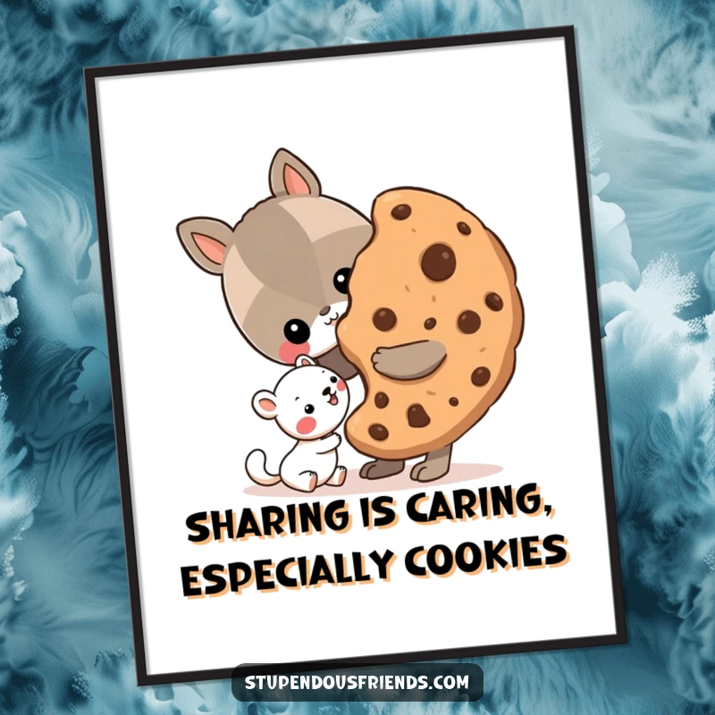Funny Free Printable Wall Art of an animal character happily sharing a massive cookie with a smaller, delighted animal friend.