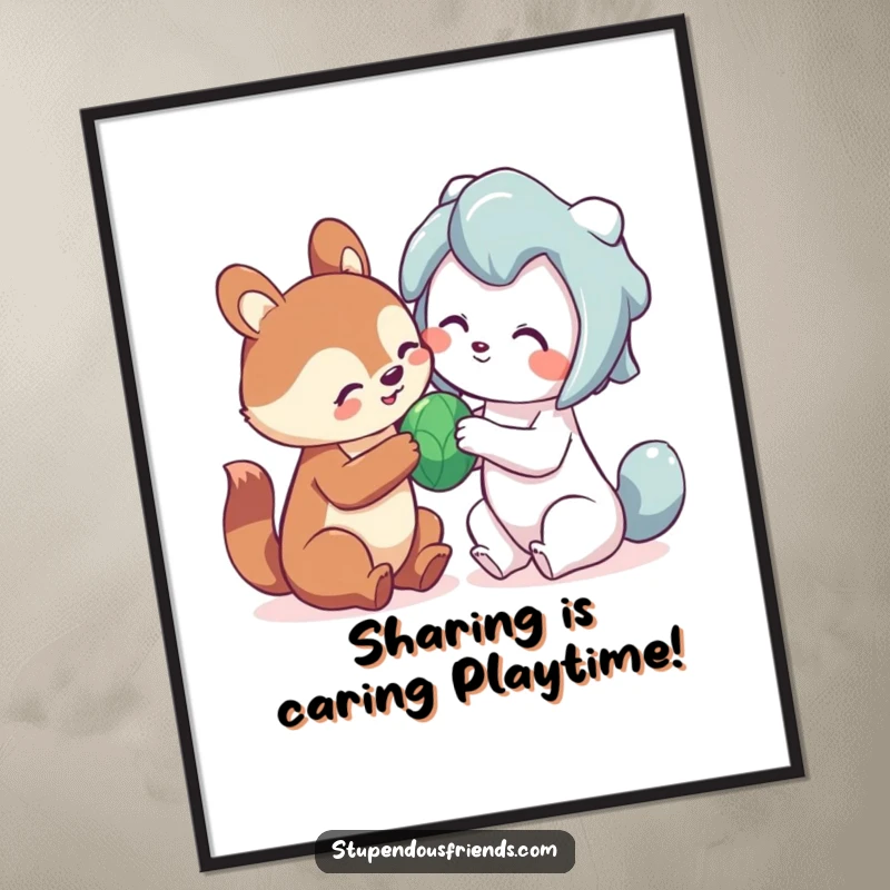 Cute Free Printable Wall Art: An animal character playfully sharing a toy with a friend, symbolizing friendship and generosity, downloadable.