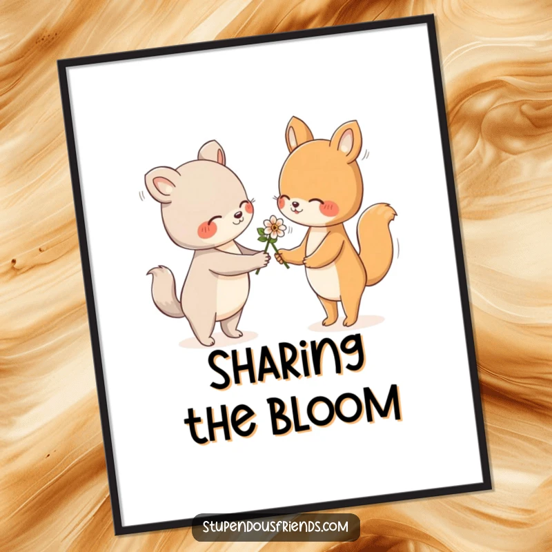 Funny Free Printable Wall Art illustrating a gentle animal gifting a flower to another, symbolizing kindness and friendship.