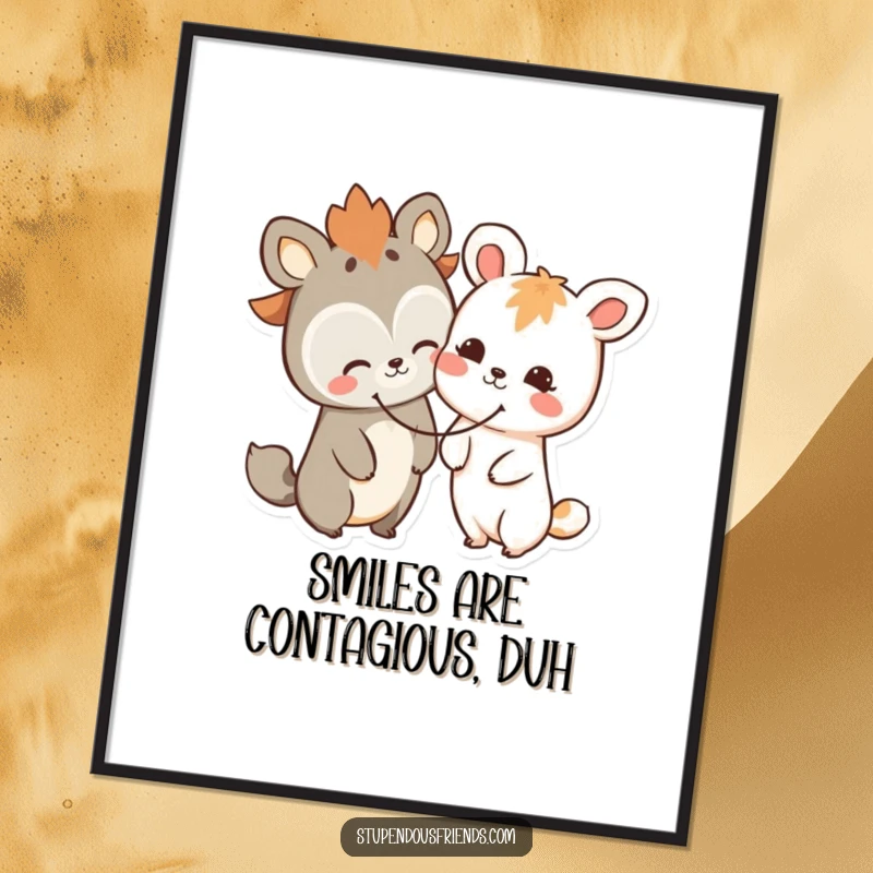 Funny Free Printable Wall Art, two stylized animal characters sharing a giant, joyful smiley face, creating a mood-boosting display.