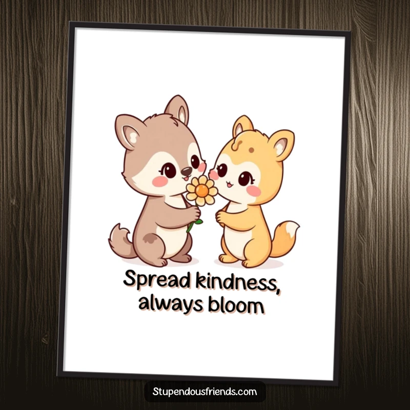Funny Free Printable Wall Art: Animal character with a warm smile offers a delicate flower to another.