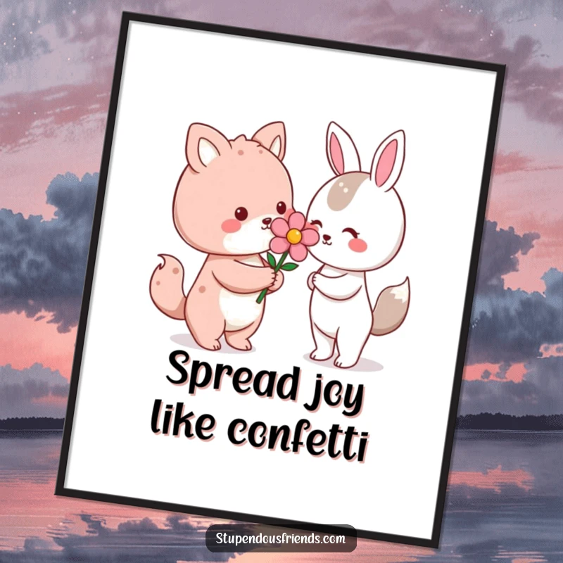 Funny Free Printable Wall Art: A delightful Kawaii animal offers a vibrant flower to another character, capturing a moment of sweet connection.