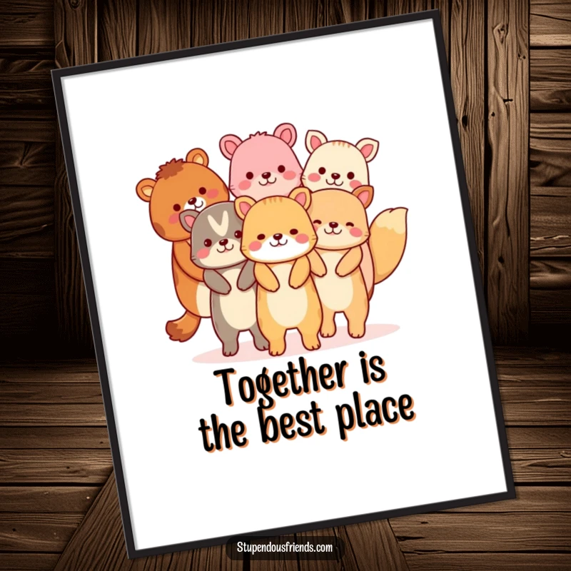 Funny Free Printable Wall Art illustrating diverse animals forming a happy, connected chain, holding hands in a celebratory formation.
