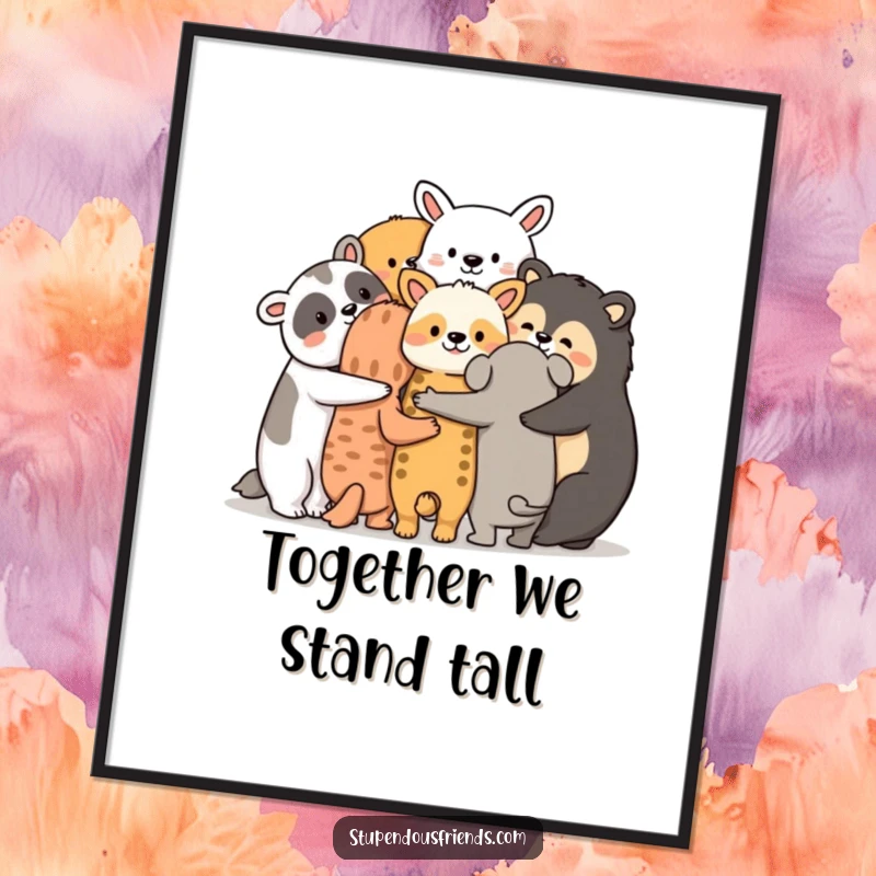 Funny Free Printable Wall Art, a group of adorable animals huddled together with arms around each other, evoking comfort and belonging.