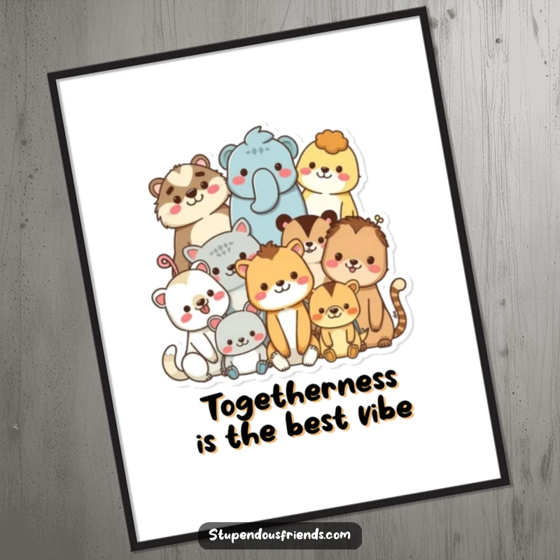 Free Printable Wall Art with a heartwarming scene of diverse animal characters huddled together, smiling contentedly.