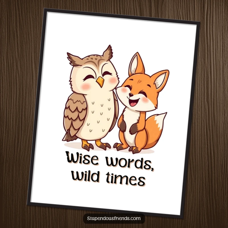 Funny Free Printable Wall Art depicting an owl and a fox caught mid-laugh, a truly amusing woodland scene.