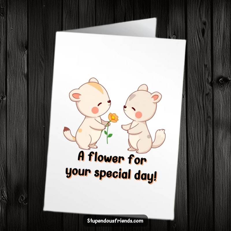 Free Printable Birthday Card showing one animal gently offering a flower to another with a kind nod, symbolizing friendship.