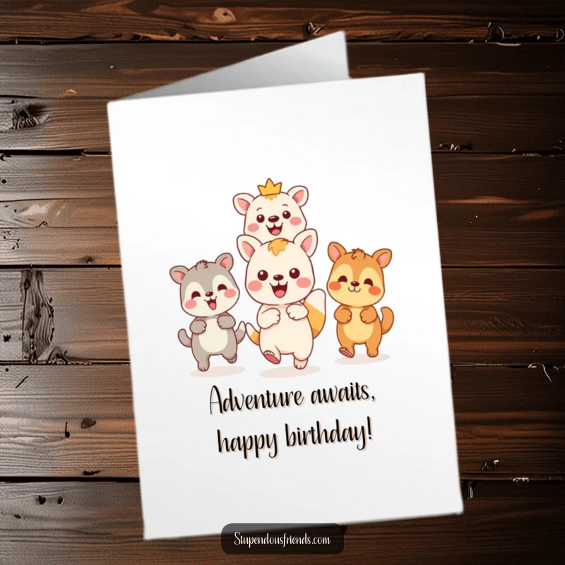 Funny Free Printable Birthday Card: A Kawaii animal enthusiastically pointing the way, leading friends on a joyous, exciting adventure.