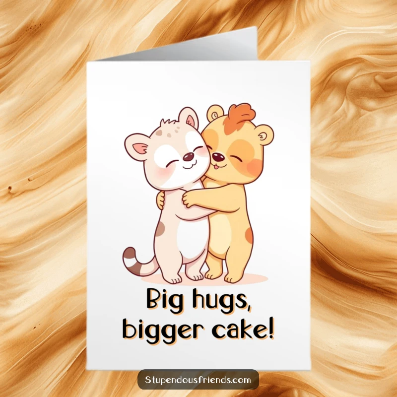 Funny Free Printable Birthday Card: Two happy animals in a comically large, loving hug, perfect for spreading joy.