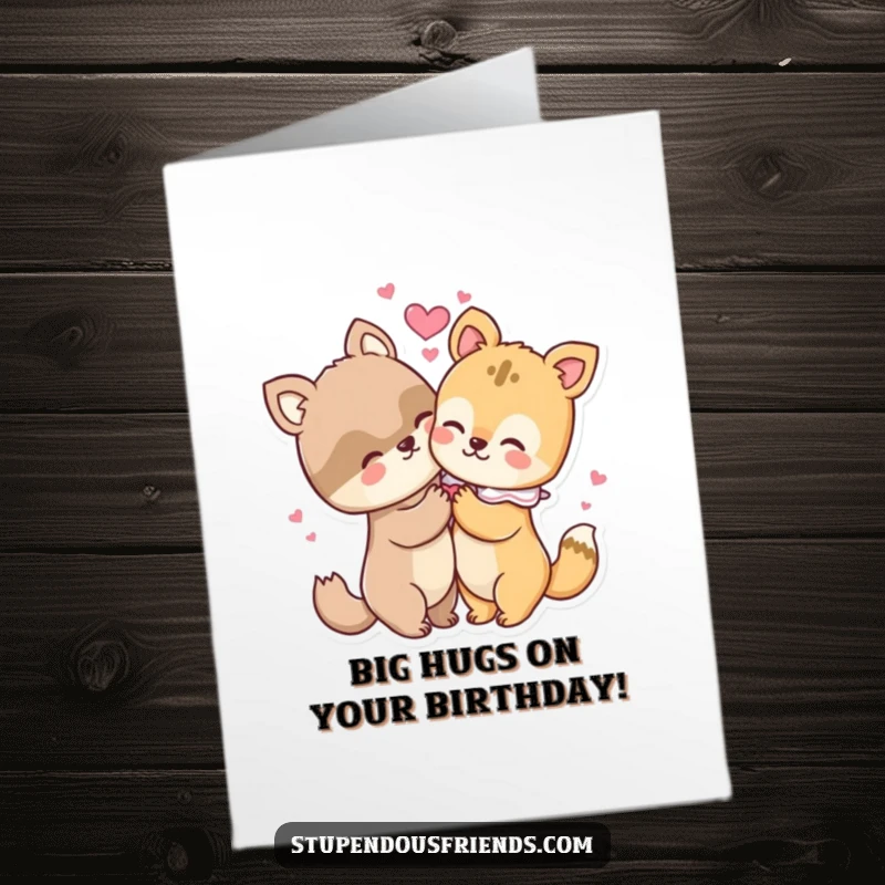 Funny Free Printable Birthday Card: Two cute animal characters hugging tightly, hearts bursting with affection.