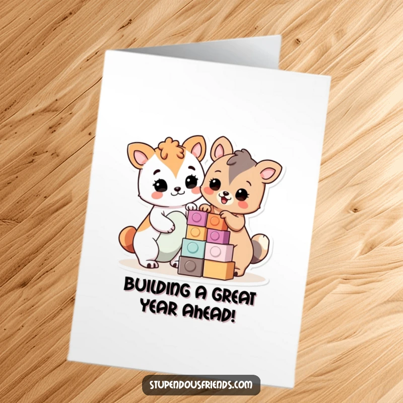 Funny Free Printable Birthday Card: Two cartoon animals proudly showing off a block tower, celebrating accomplishment.