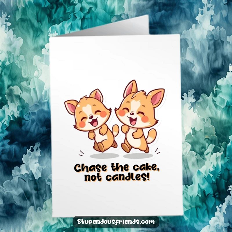 Funny Free Printable Birthday Card: A playful animal duo engaged in a joyful chase, celebrating a happy birthday with energy.