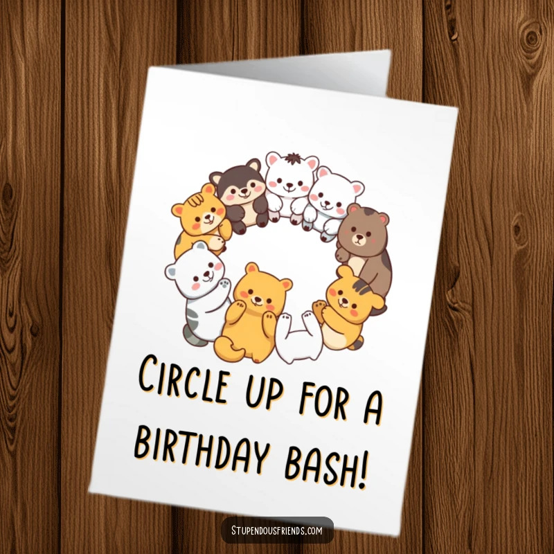 Funny Free Printable Birthday Card with a diverse group of animal characters in a circle.