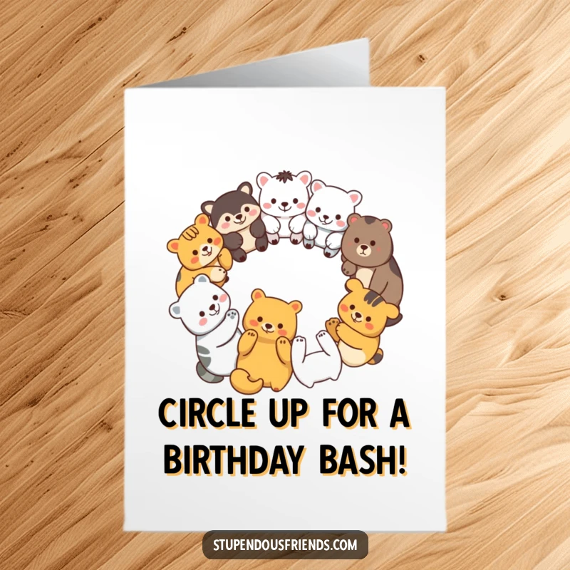 Funny Free Printable Birthday Card with a diverse group of animal characters in a circle.