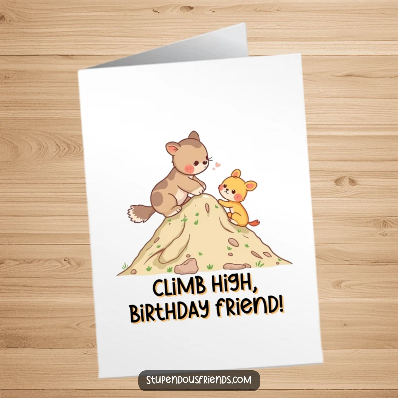 Funny Free Printable Birthday Card: One animal cheerfully helps another ascend a small, grassy hill, symbolizing support.