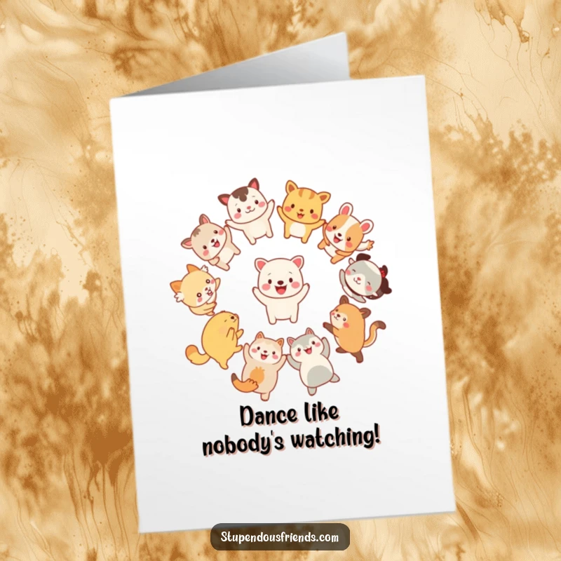 Funny Free Printable Birthday Card: Circle of happy cartoon animals dancing energetically, spreading cheer and birthday wishes.