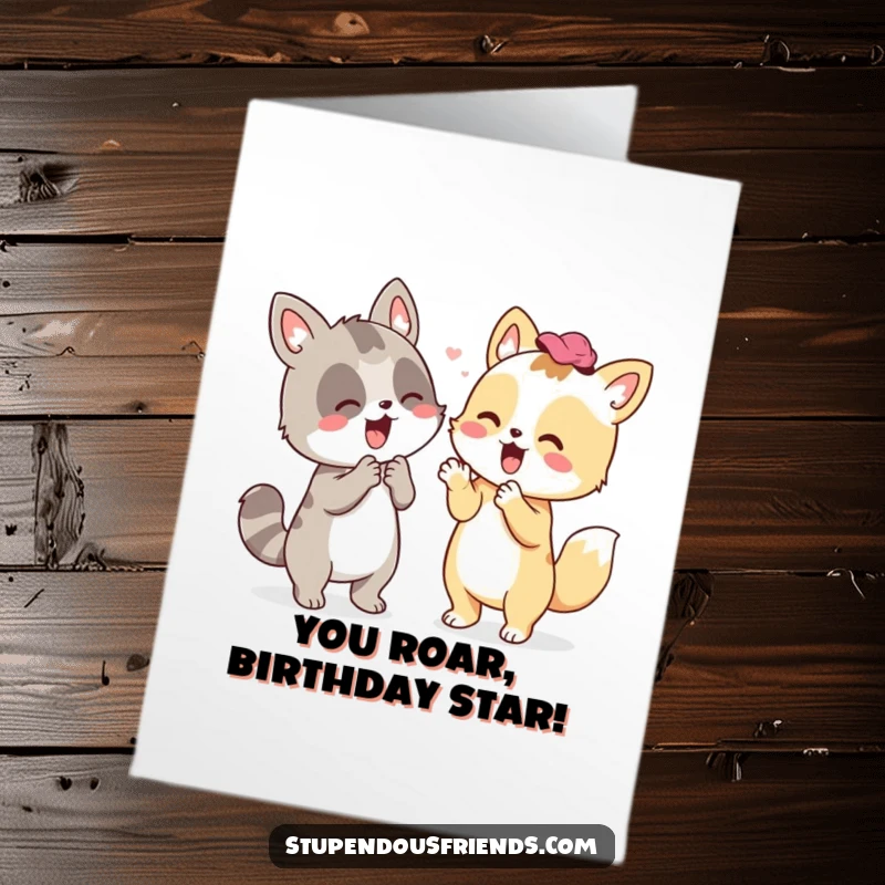 Funny Free Printable Birthday Card: An excited animal companion enthusiastically cheering for another animal, full of support and joy.