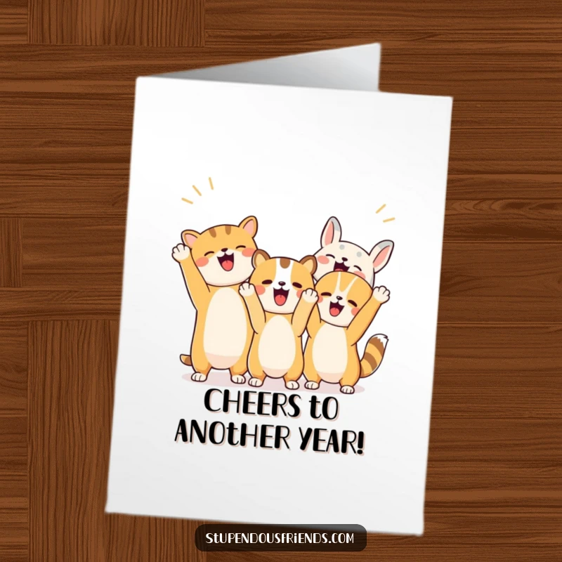 Funny Free Printable Birthday Card featuring energetic animals cheering with raised paws and big smiles.