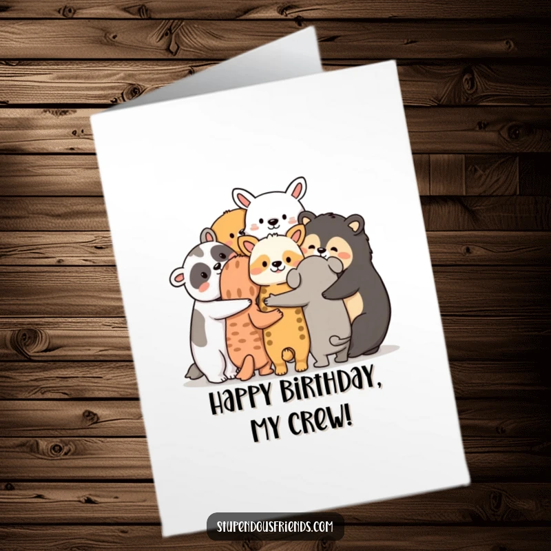 Funny Free Printable Birthday Card, a group of adorable animals huddled together with arms around each other, symbolizing friendship and warmth.
