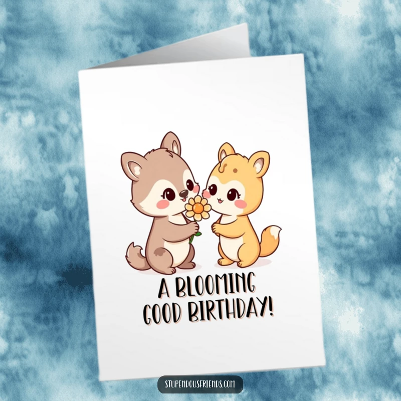 Funny Free Printable Birthday Card: Animal character with a warm smile offers a flower to another, sweetly.