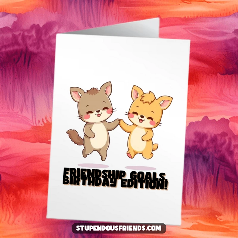 Funny Free Printable Birthday Card featuring two adorable animals holding paws and skipping joyfully, spreading pure happiness.