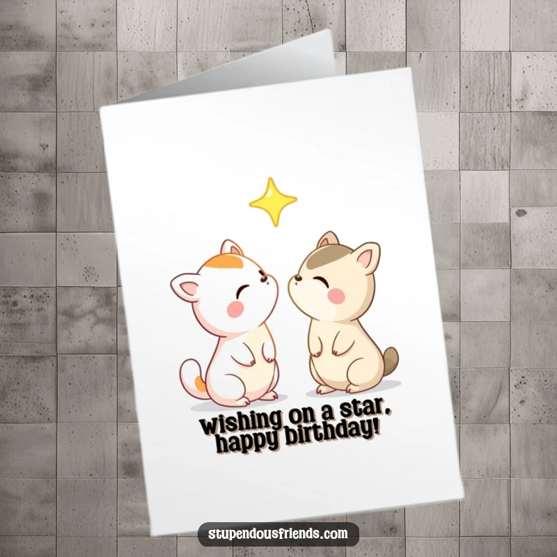 Funny Free Printable Birthday Card: Two cute animal characters look up in awe at a single bright star in the night sky.