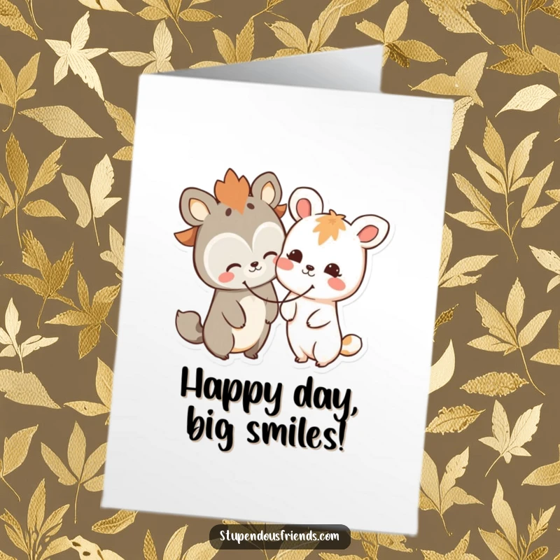 Funny Free Printable Birthday Card, two stylized animal characters sharing a giant, beaming smiley face, radiating pure joy and friendship.