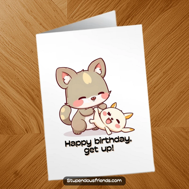 Funny Free Printable Birthday Card depicting a whimsical animal character helping another up after a playful tumble, showcasing kindness and support.