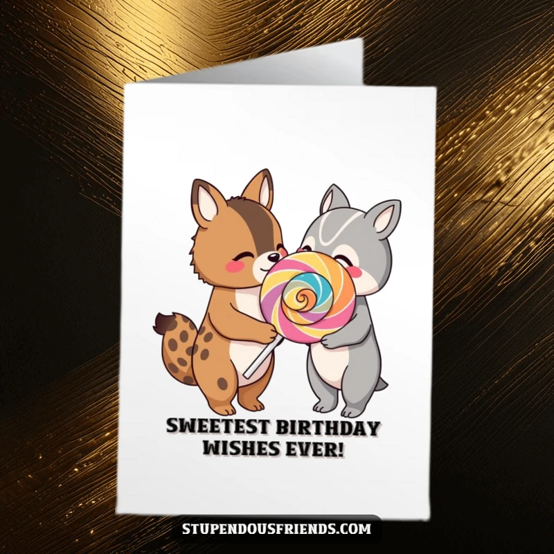 Free Printable Birthday Card: Two happy animal friends sharing a huge, vibrant lollipop, celebrating a special day.