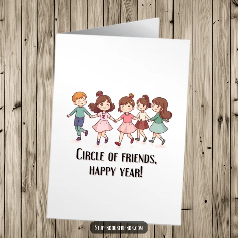 Funny Free Printable Birthday Card: Group of smiling friends holding hands, skipping joyfully in a circle together.
