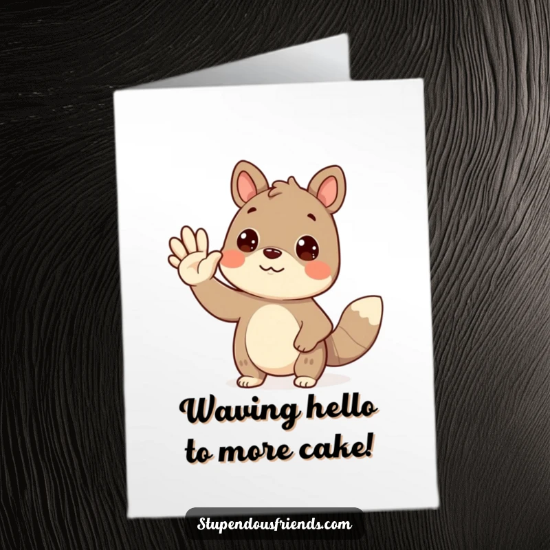 Cute Free Printable Birthday Card: An animal character giving a cheerful, friendly wave to another creature, perfect for a print-at-home greeting.