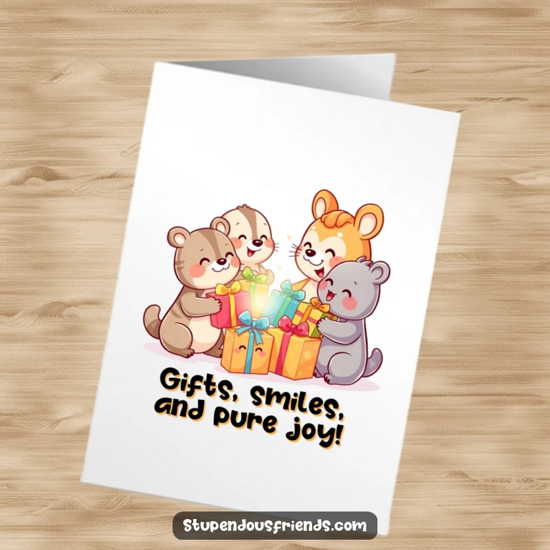 Funny Free Printable Birthday Card depicting happy animals exchanging bright, colorful gifts with wide smiles, celebrating generously.