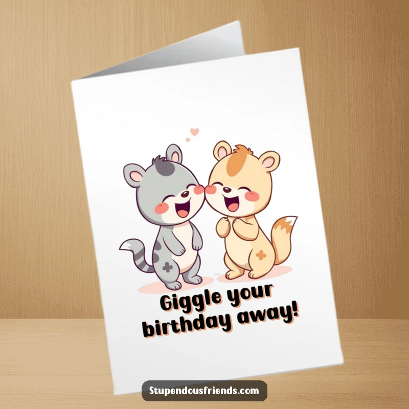 Free Printable Birthday Card showing two happy animal characters sharing a delightful giggle, perfect for sending birthday cheer.