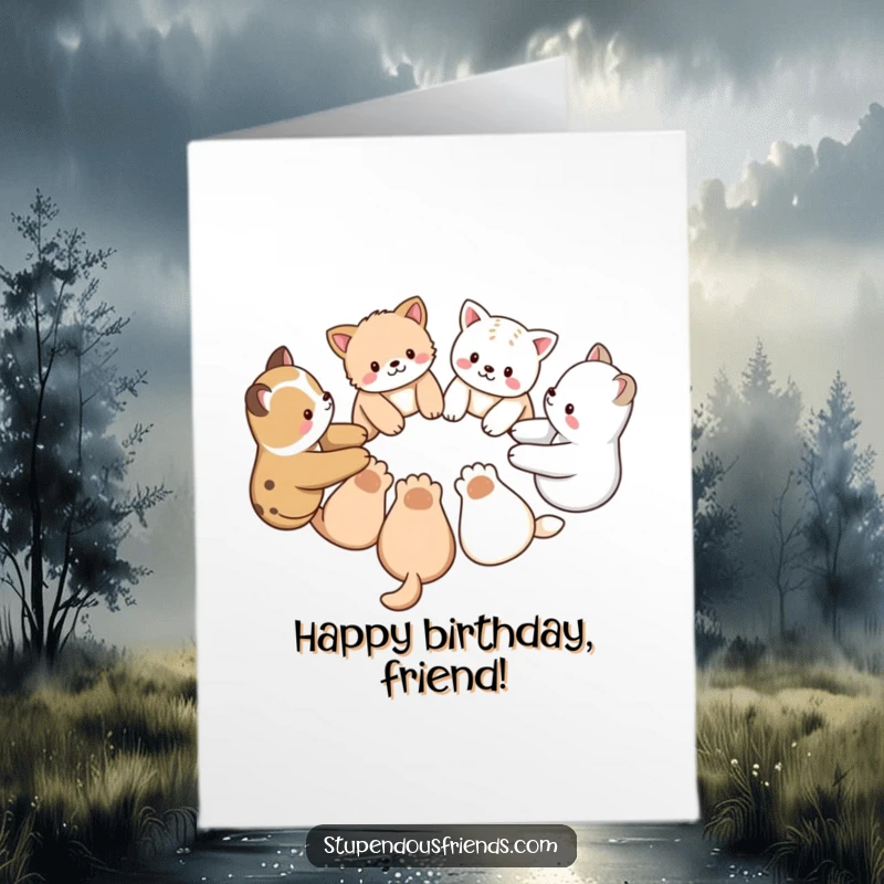 Free Printable Birthday Card: Diverse group of animal friends linking paws in a circle, symbolizing unity and celebration.
