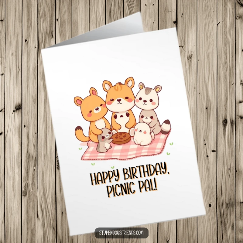 Funny Free Printable Birthday Card, happy animal friends sharing a picnic blanket with food, celebrating a joyful occasion outdoors.