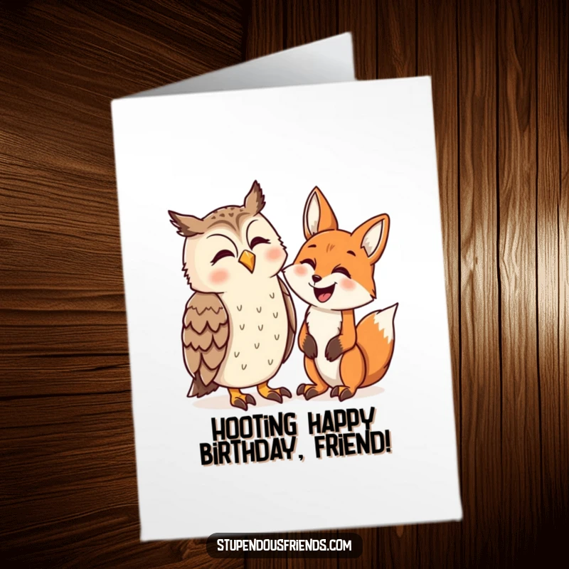 Funny Free Printable Birthday Card with an owl and a fox sharing a hearty laugh, a scene of pure jollity.