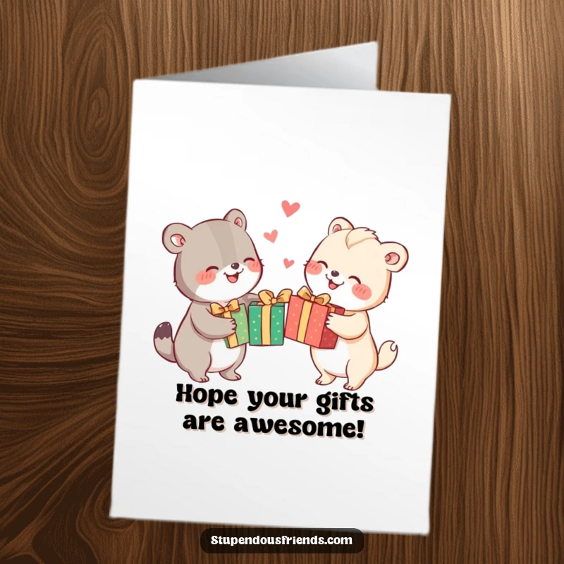 Funny Free Printable Birthday Card: Animals gleefully swapping brightly wrapped gifts, smiles abound.