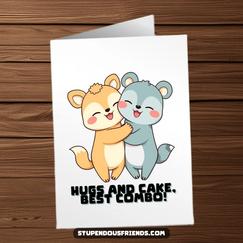 Cute Free Printable Birthday Card: Two smiling animal characters sharing a warm, happy hug, perfect for a festive print-at-home greeting.