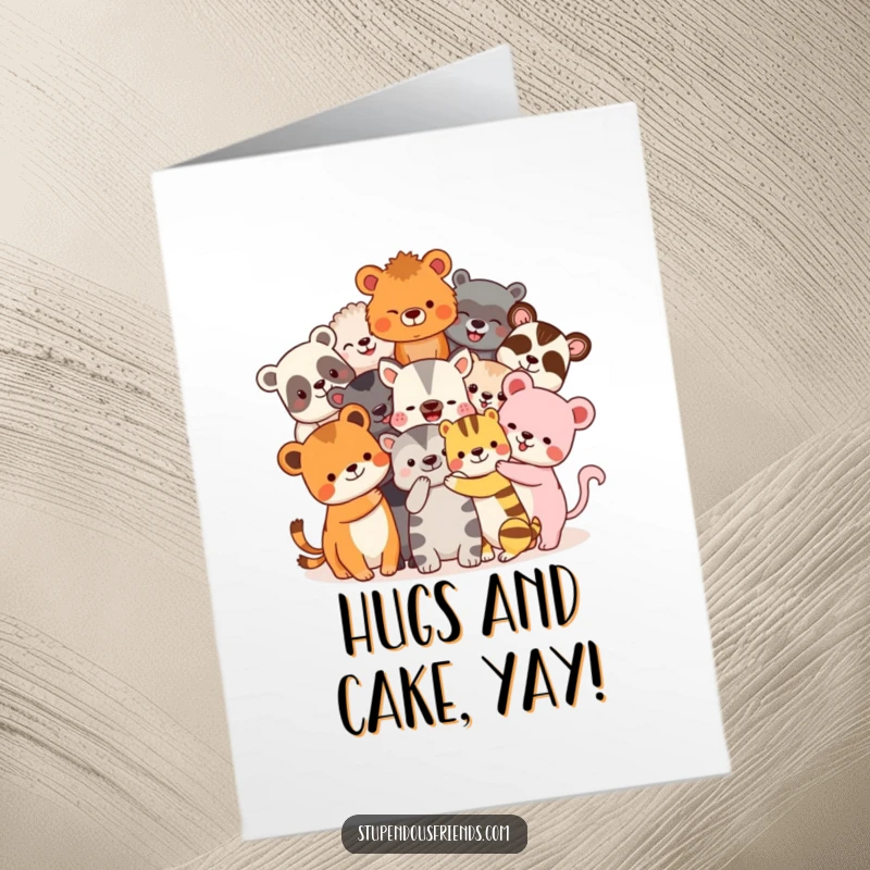 Funny Free Printable Birthday Card: Diverse animal friends sharing a massive, joyful hug, perfect for a downloadable greeting.