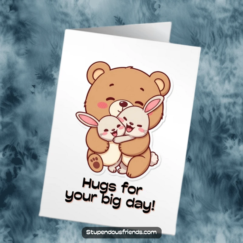 Funny Free Printable Birthday Card, a friendly bear character giving a cheerful, big hug to a happy rabbit, spreading birthday cheer.