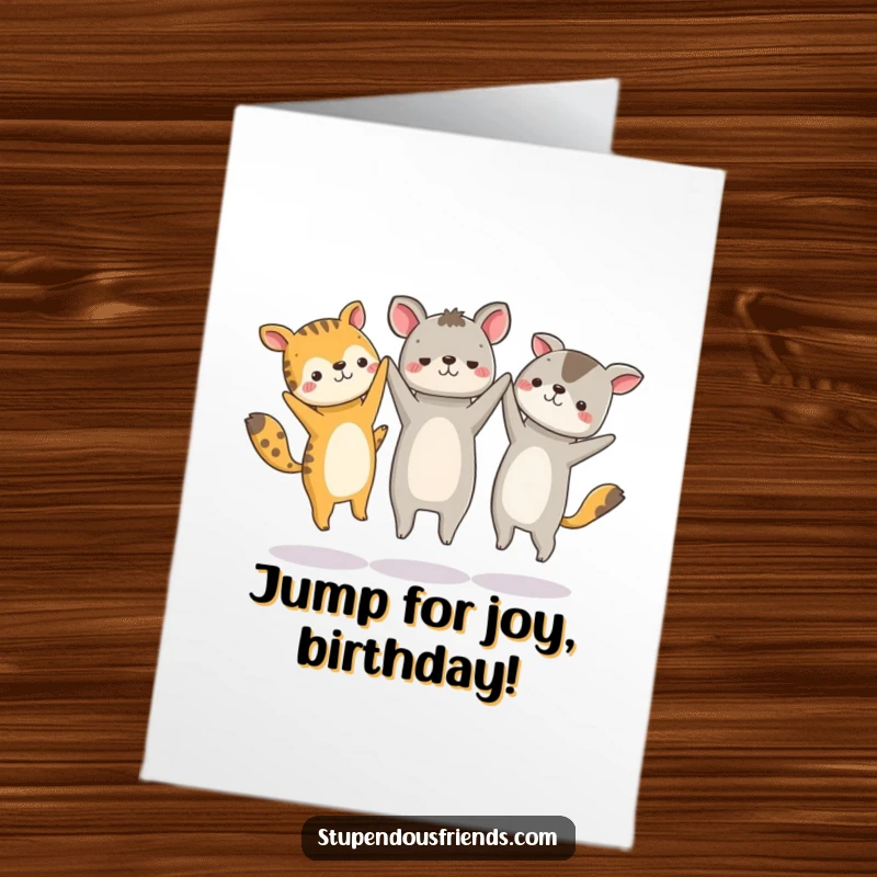 Funny Free Printable Birthday Card: A group of happy animals hold hands, jumping joyfully in a circle.