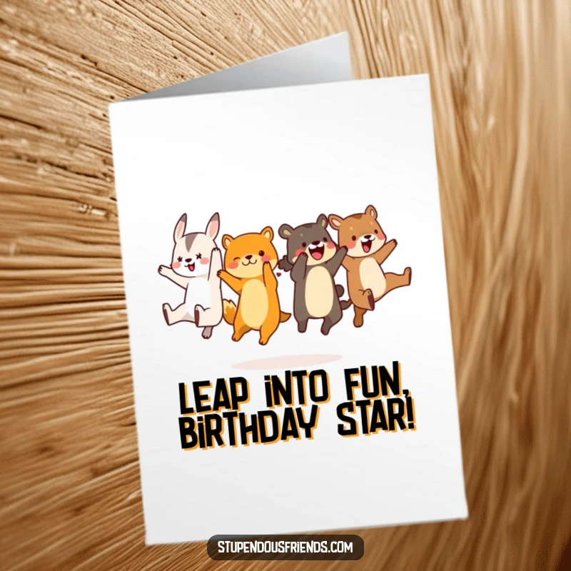 Funny Free Printable Birthday Card: Group of animals mid-synchronized leap, celebrating with pure joy and humor.