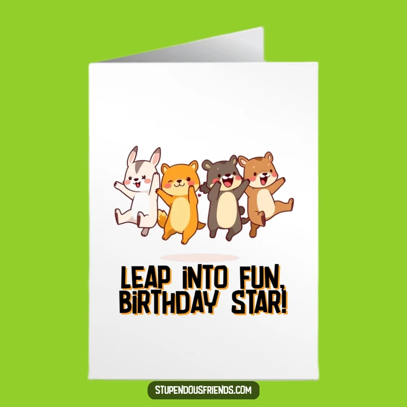 Free Printable Birthday Card: Funny Synchronized Animal Leap Greeting for a Joyful Celebration