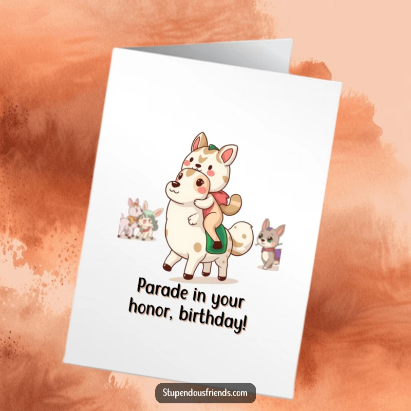 Funny Free Printable Birthday Card shows a silly animal riding another in a joyful parade, perfect for a unique DIY gift.