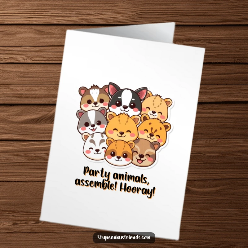 Funny Free Printable Birthday Card with a variety of happy, smiling animal heads, perfect for a joyful celebration. Downloadable and easy to print.