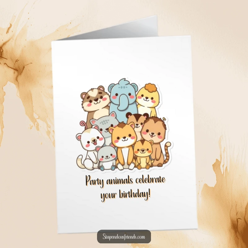 Free Printable Birthday Card featuring a diverse group of happy animal characters huddled closely together, all smiling warmly.